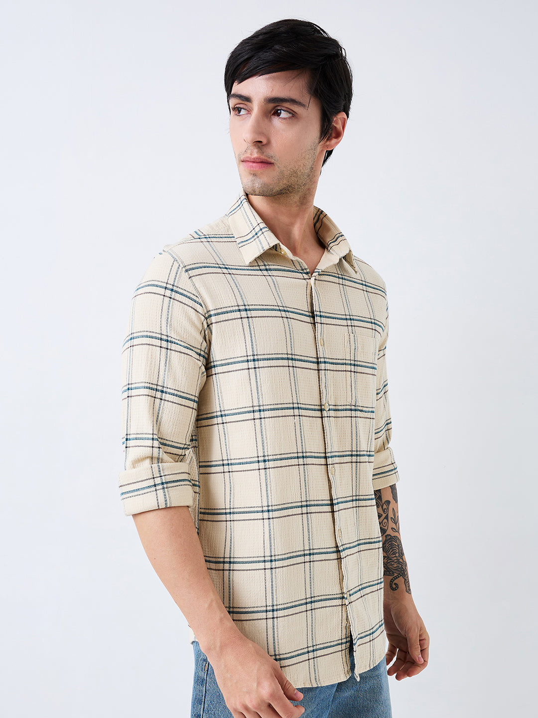 Spykar Beige Slim Fit Checkered Full Sleeve Shirt For Men