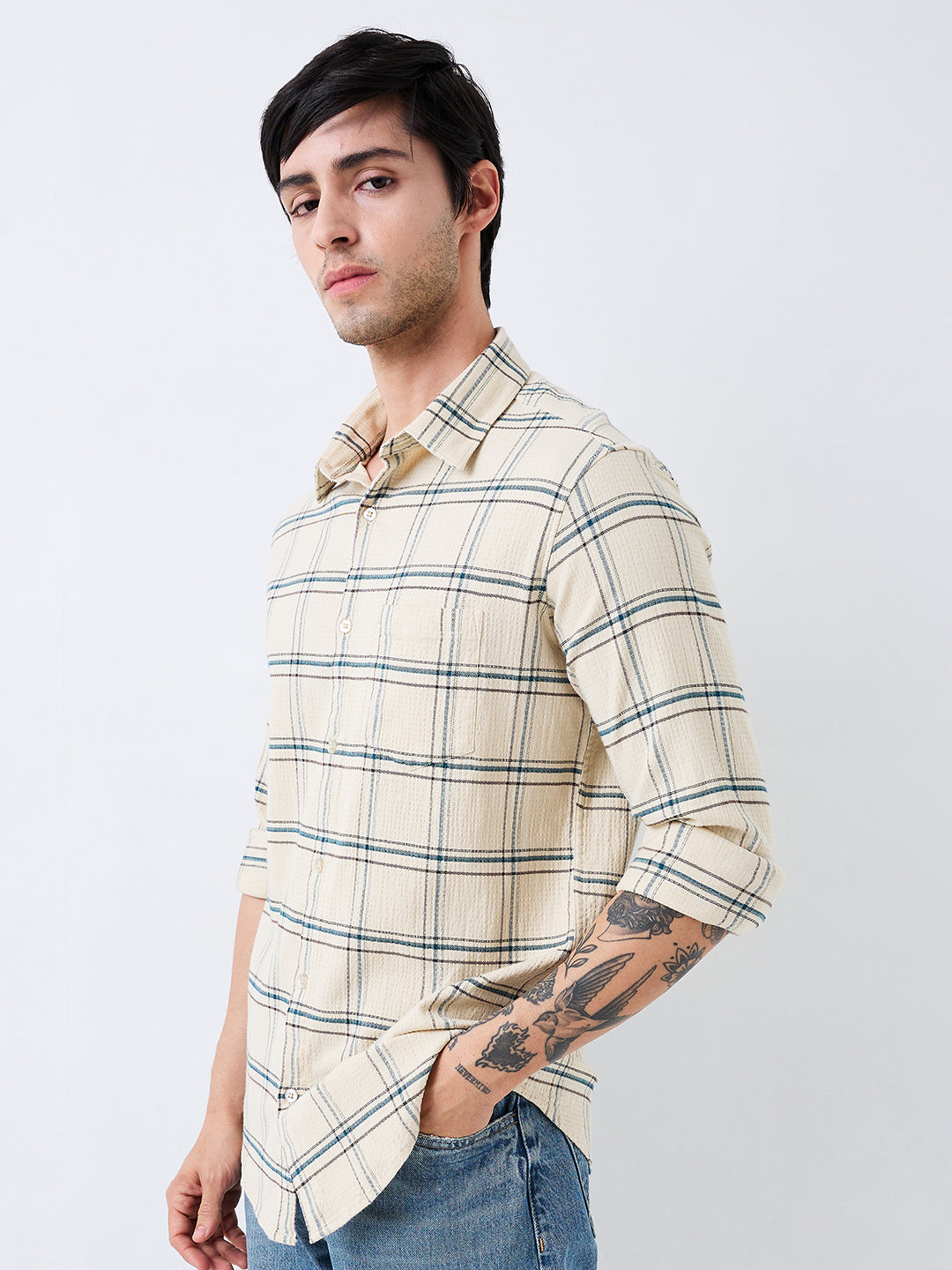 Spykar Beige Slim Fit Checkered Full Sleeve Shirt For Men