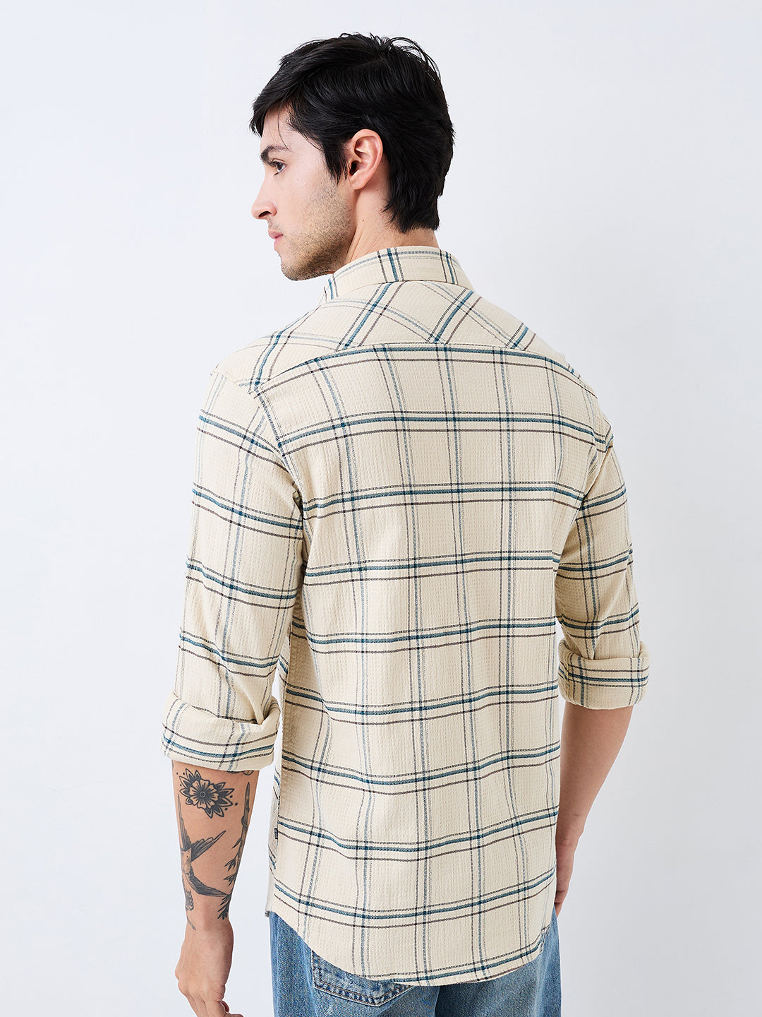 Spykar Beige Slim Fit Checkered Full Sleeve Shirt For Men