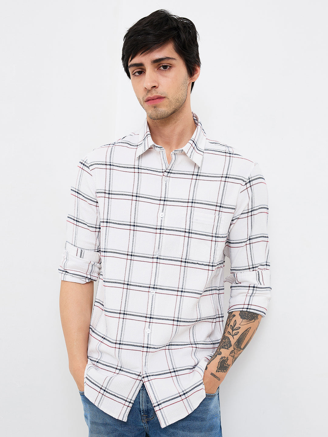 Spykar White Slim Fit Checkered Full Sleeve Shirt For Men