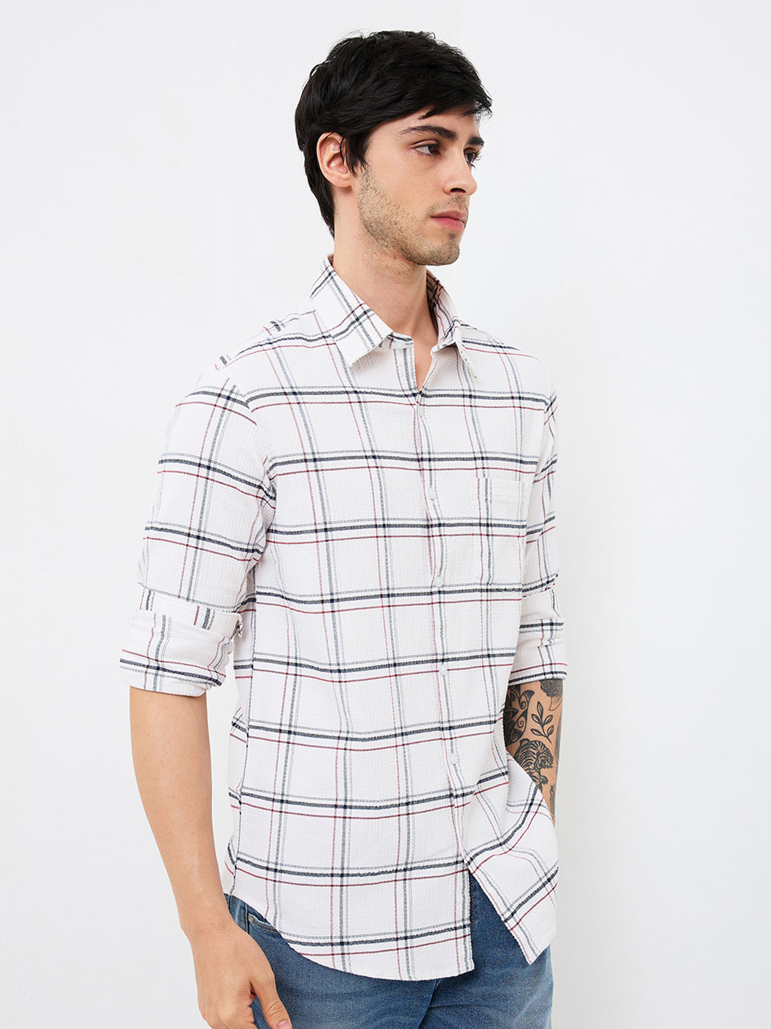 Spykar White Slim Fit Checkered Full Sleeve Shirt For Men