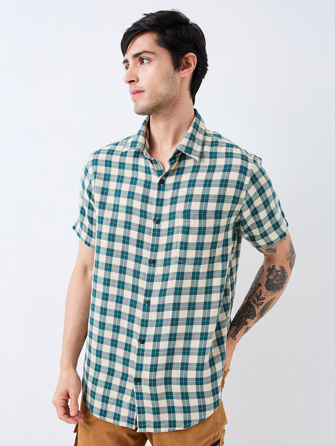 Spykar Green Slim Fit Checkered Half Sleeve Shirt For Men