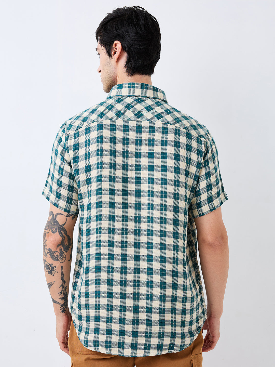 Spykar Green Slim Fit Checkered Half Sleeve Shirt For Men