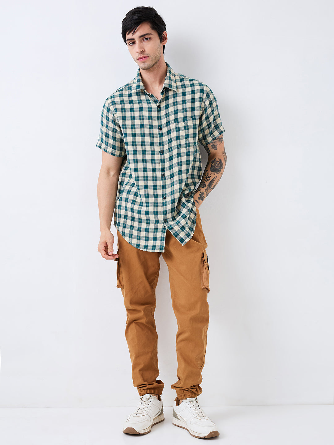 Spykar Green Slim Fit Checkered Half Sleeve Shirt For Men