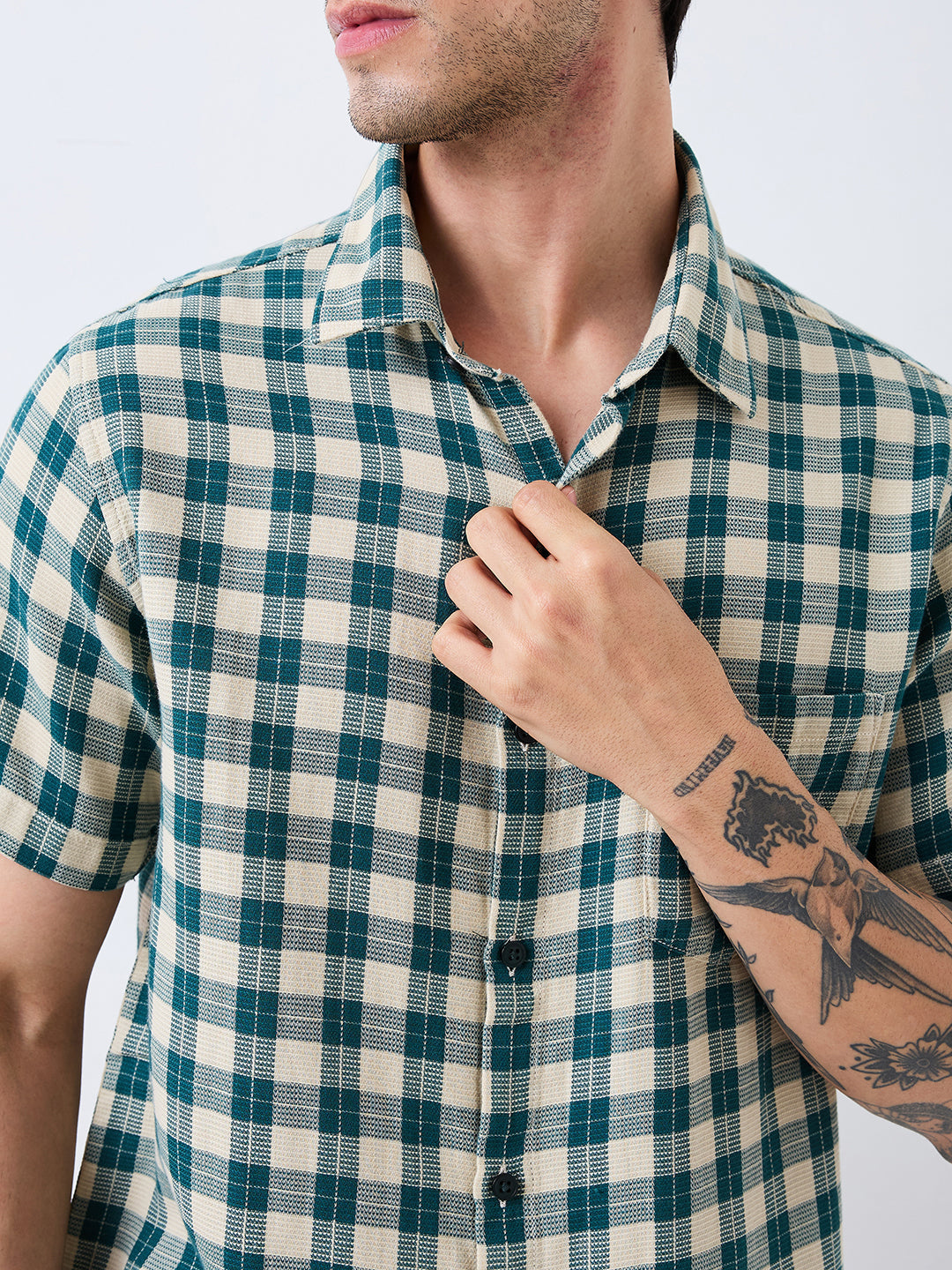 Spykar Green Slim Fit Checkered Half Sleeve Shirt For Men