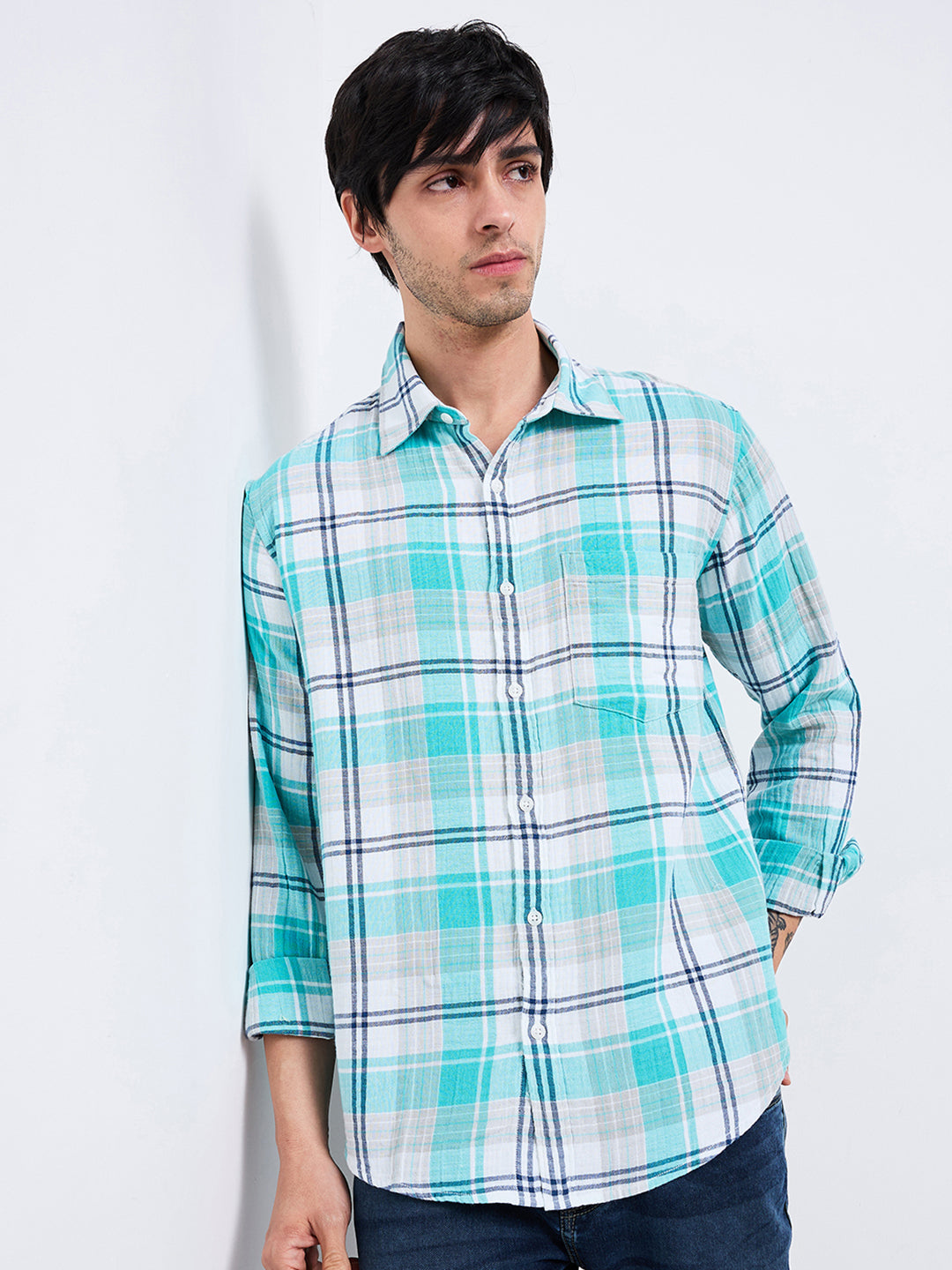 Spykar Blue Slim Fit Checkered Full Sleeve Shirt For Men