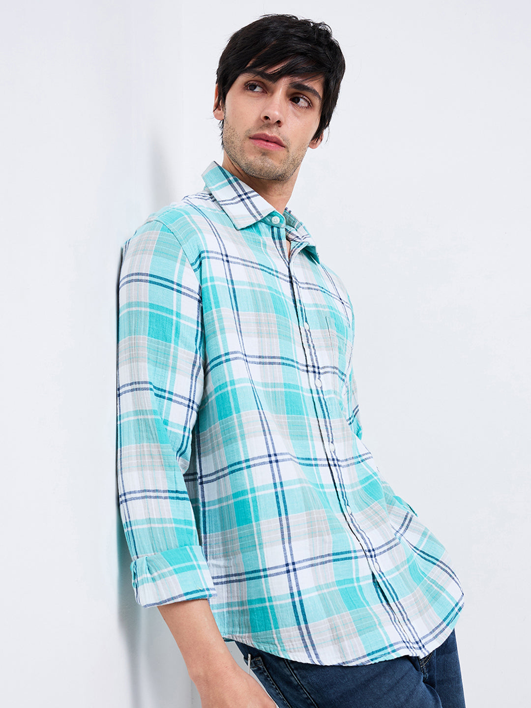 Spykar Blue Slim Fit Checkered Full Sleeve Shirt For Men