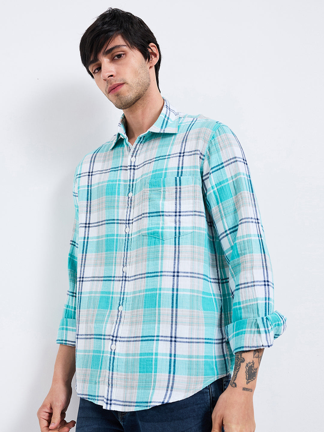 Spykar Blue Slim Fit Checkered Full Sleeve Shirt For Men