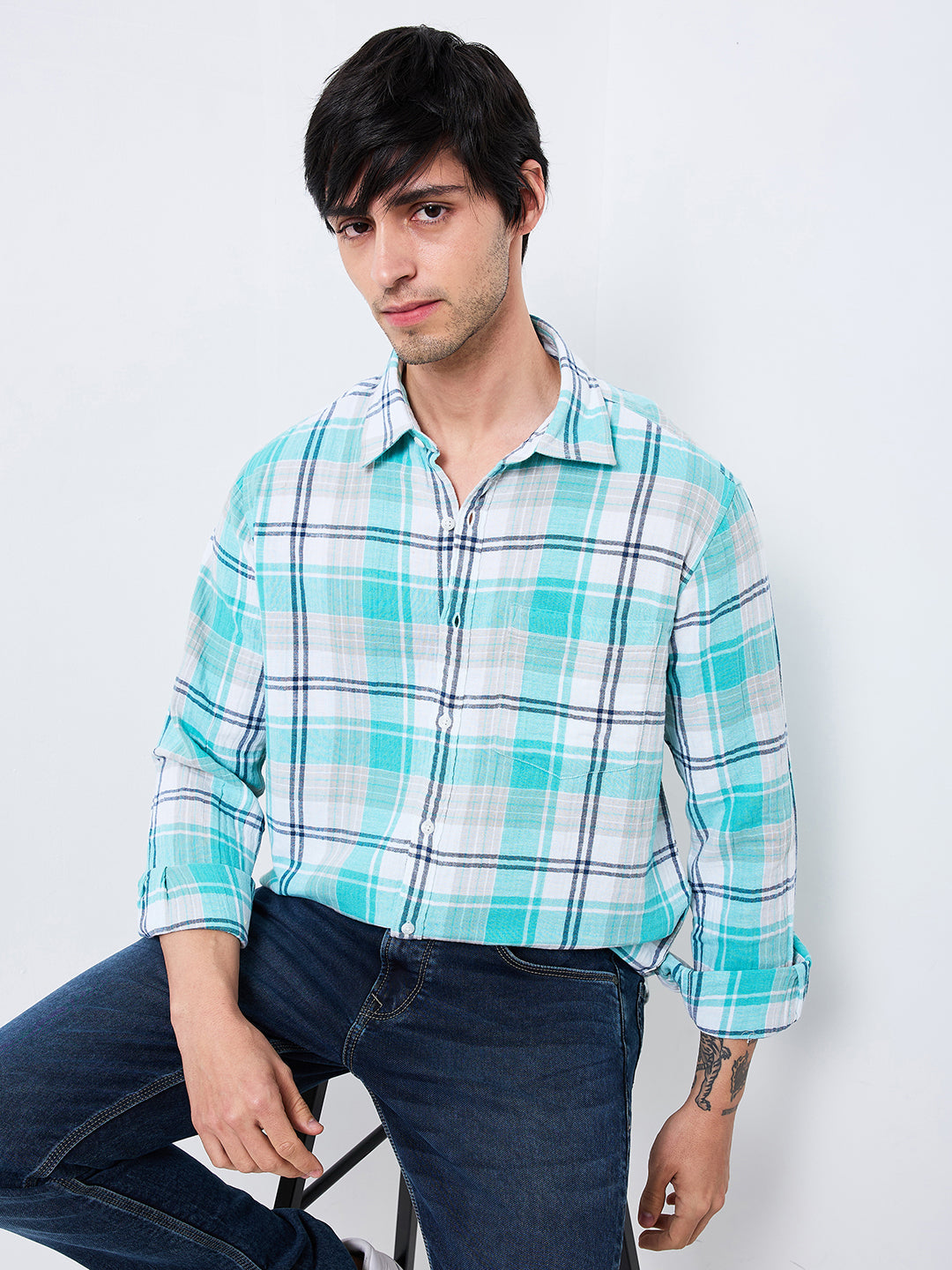 Spykar Blue Slim Fit Checkered Full Sleeve Shirt For Men