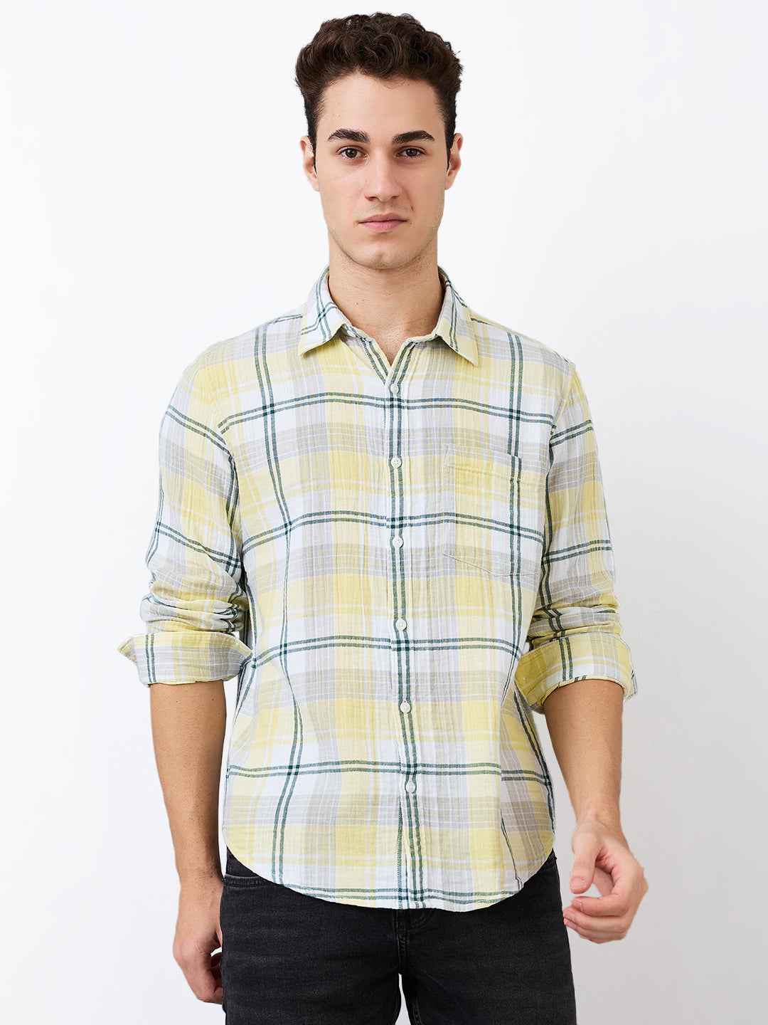 Spykar Yellow Slim Fit Checkered Full Sleeve Shirt For Men