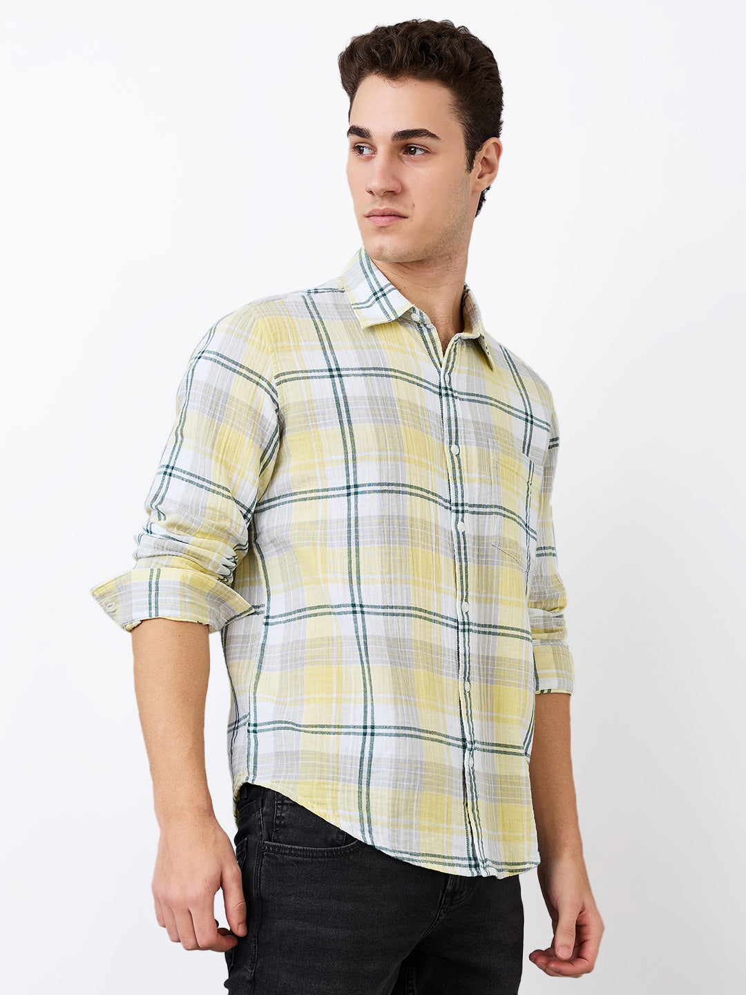 Spykar Yellow Slim Fit Checkered Full Sleeve Shirt For Men