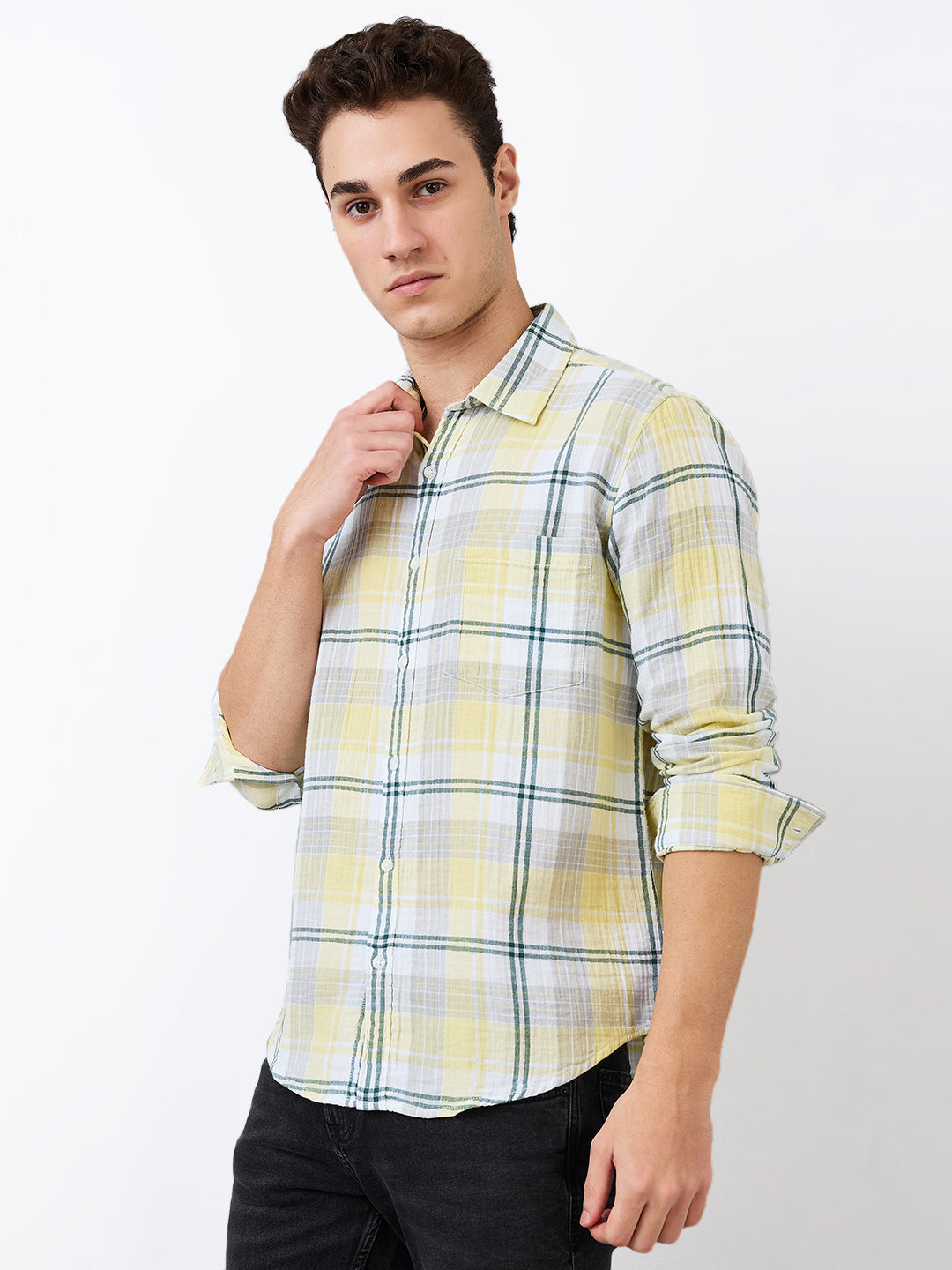 Spykar Yellow Slim Fit Checkered Full Sleeve Shirt For Men