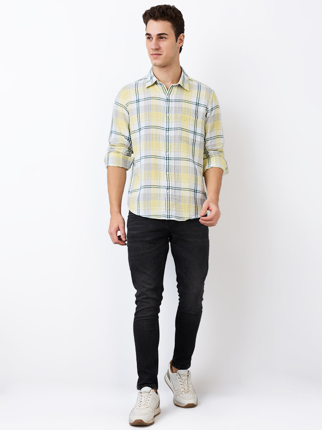 Spykar Yellow Slim Fit Checkered Full Sleeve Shirt For Men