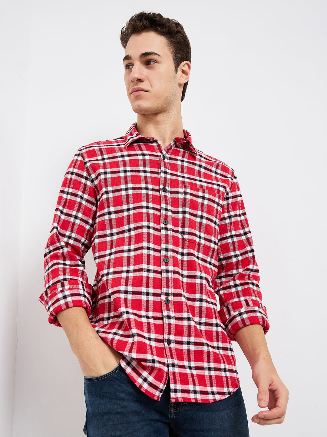 Spykar Red Slim Fit Checkered Full Sleeve Shirt For Men