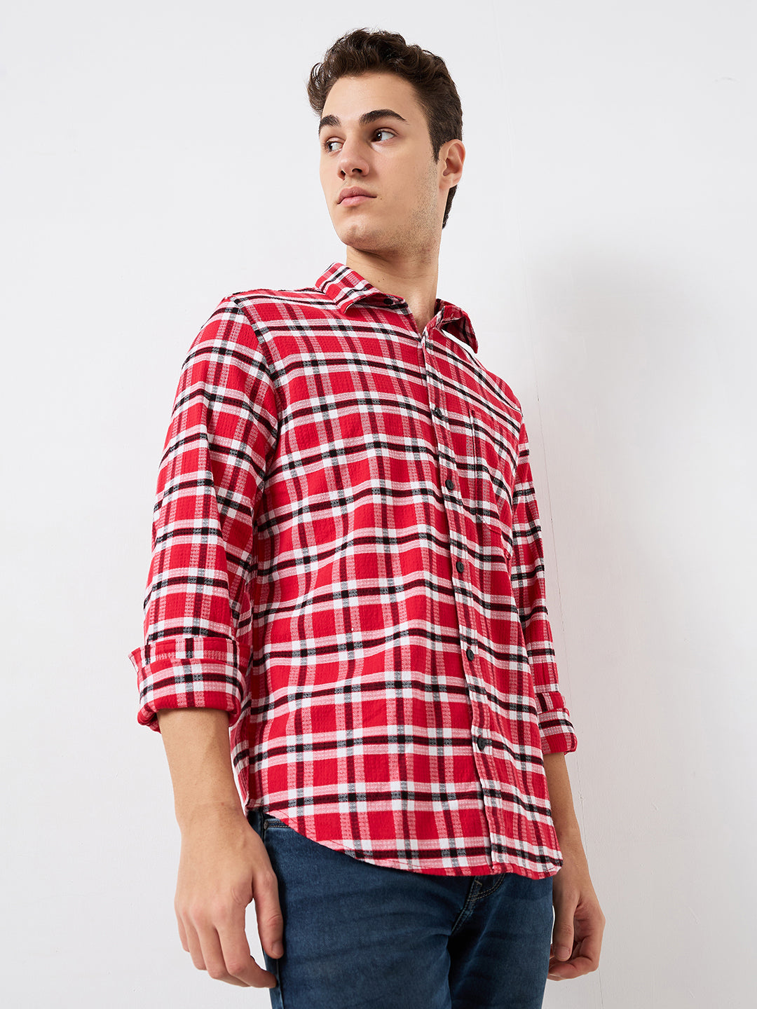 Spykar Red Slim Fit Checkered Full Sleeve Shirt For Men