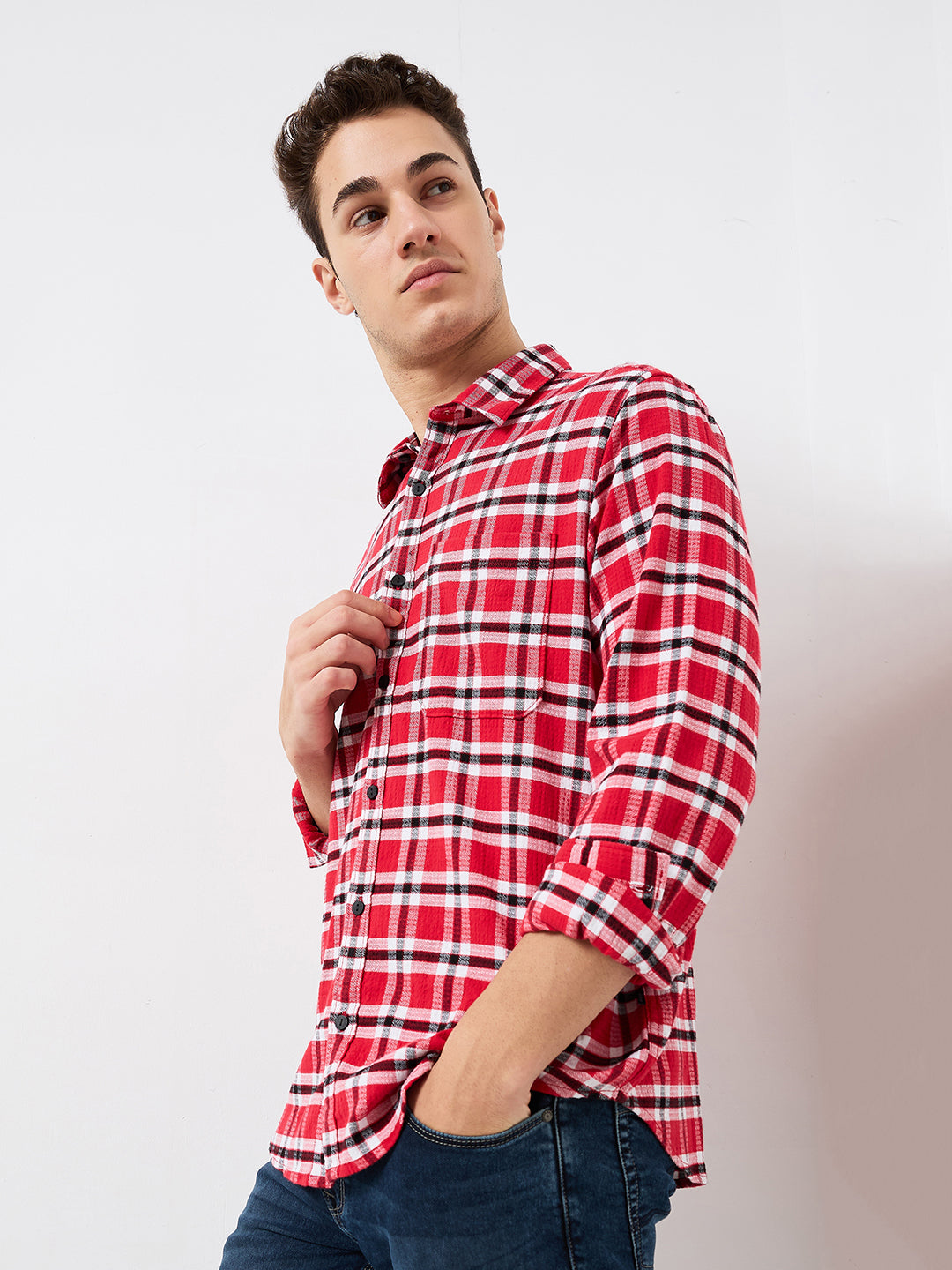 Spykar Red Slim Fit Checkered Full Sleeve Shirt For Men