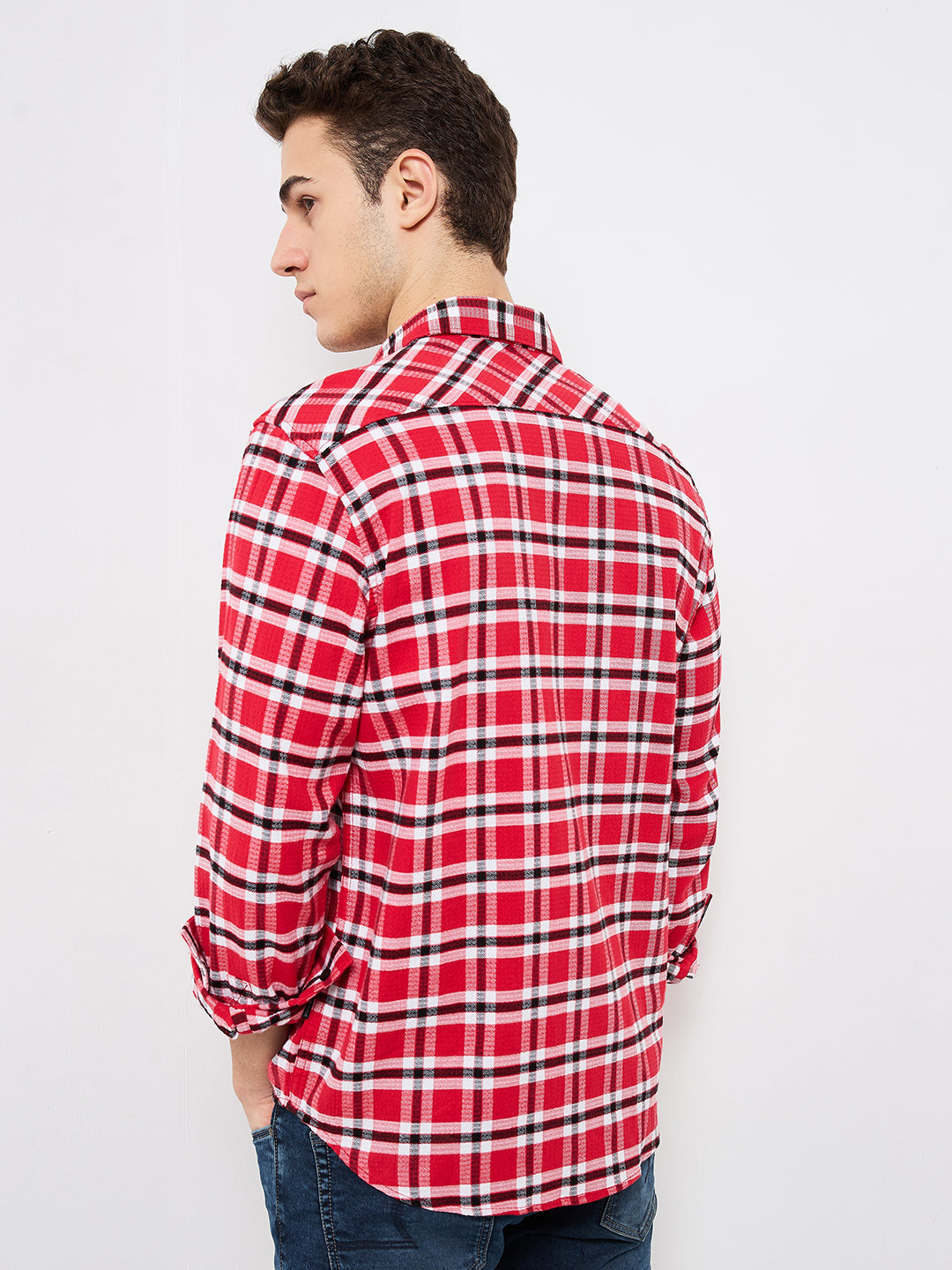 Spykar Red Slim Fit Checkered Full Sleeve Shirt For Men