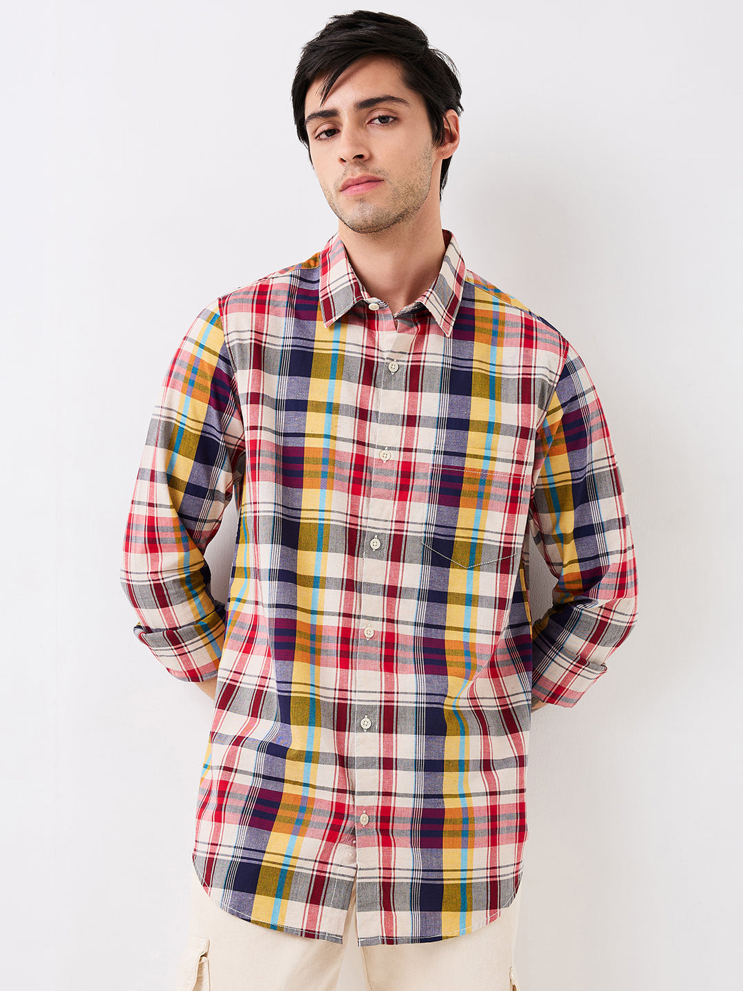 Spykar Red Slim Fit Checkered Full Sleeve Shirt For Men