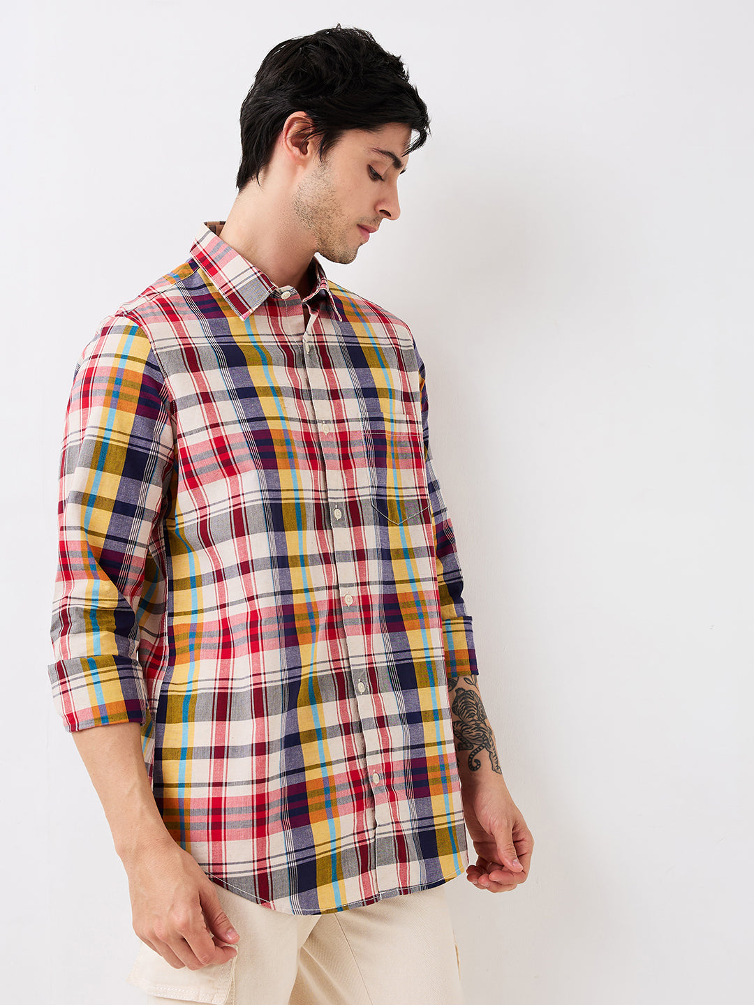 Spykar Red Slim Fit Checkered Full Sleeve Shirt For Men