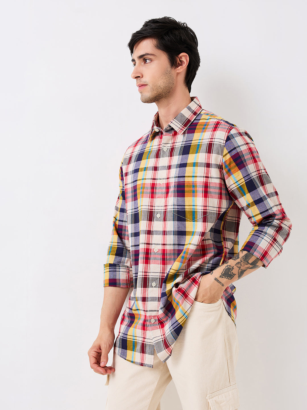 Spykar Red Slim Fit Checkered Full Sleeve Shirt For Men