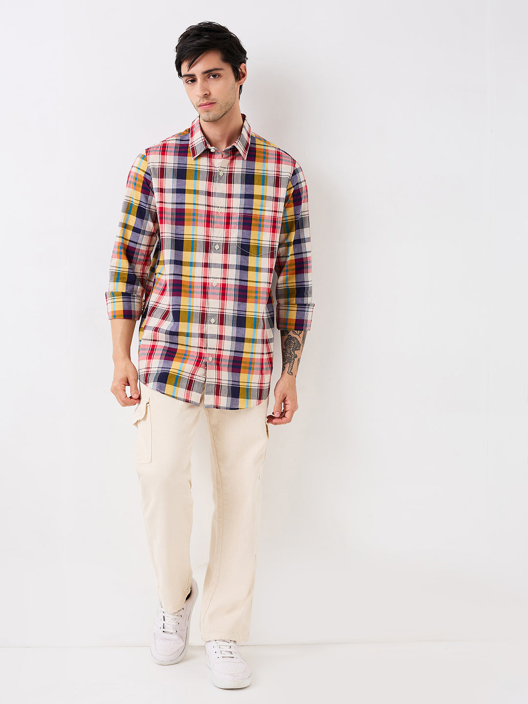 Spykar Red Slim Fit Checkered Full Sleeve Shirt For Men