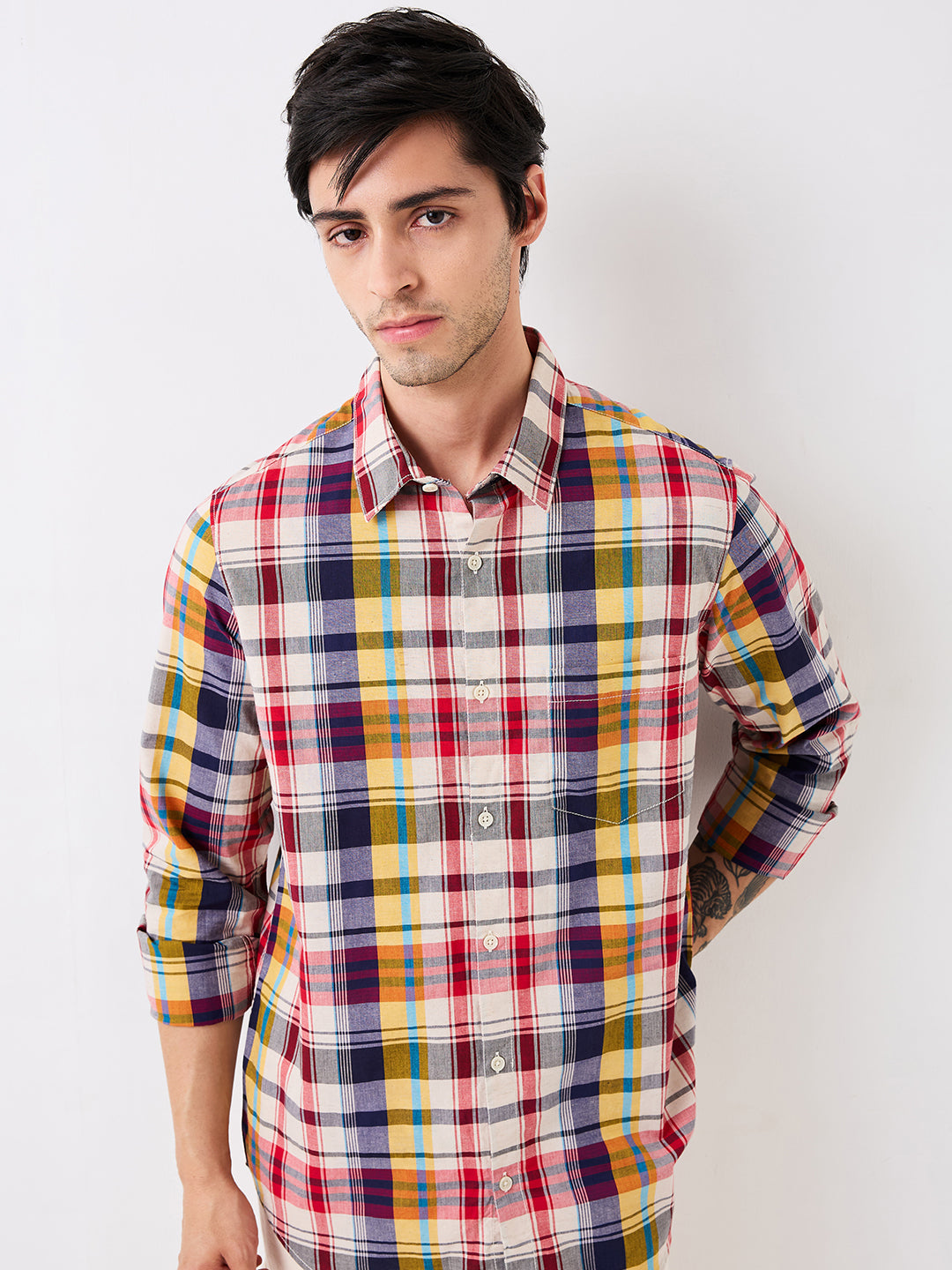 Spykar Red Slim Fit Checkered Full Sleeve Shirt For Men
