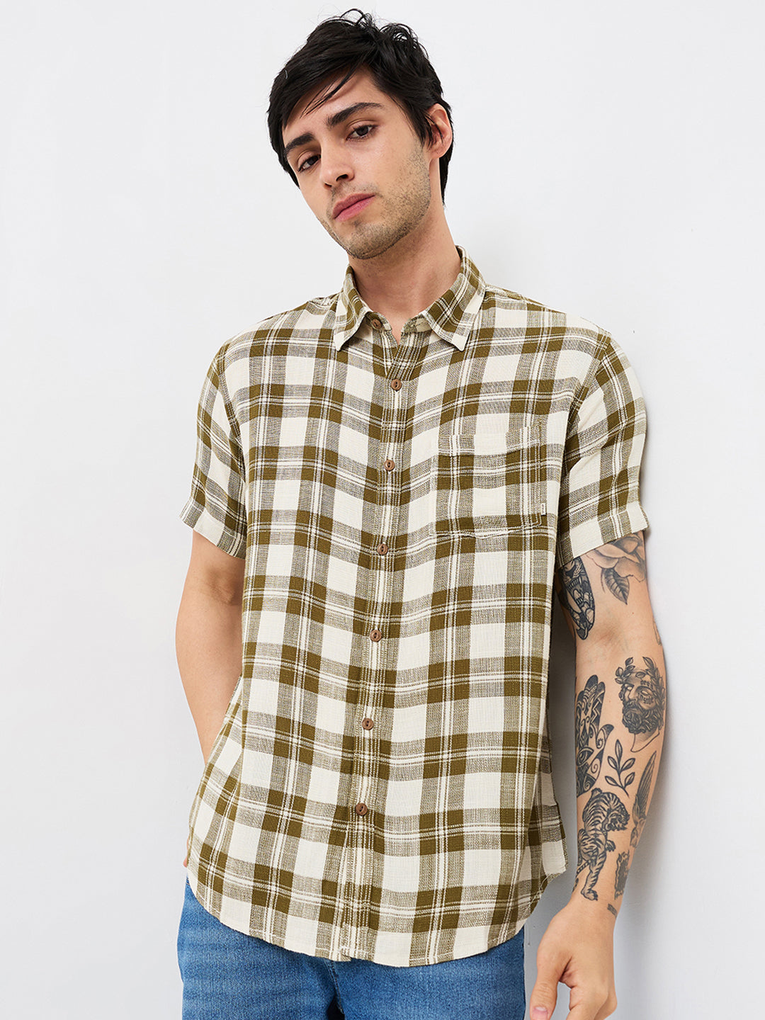 Spykar Green Slim Fit Checkered Half Sleeve Shirt For Men