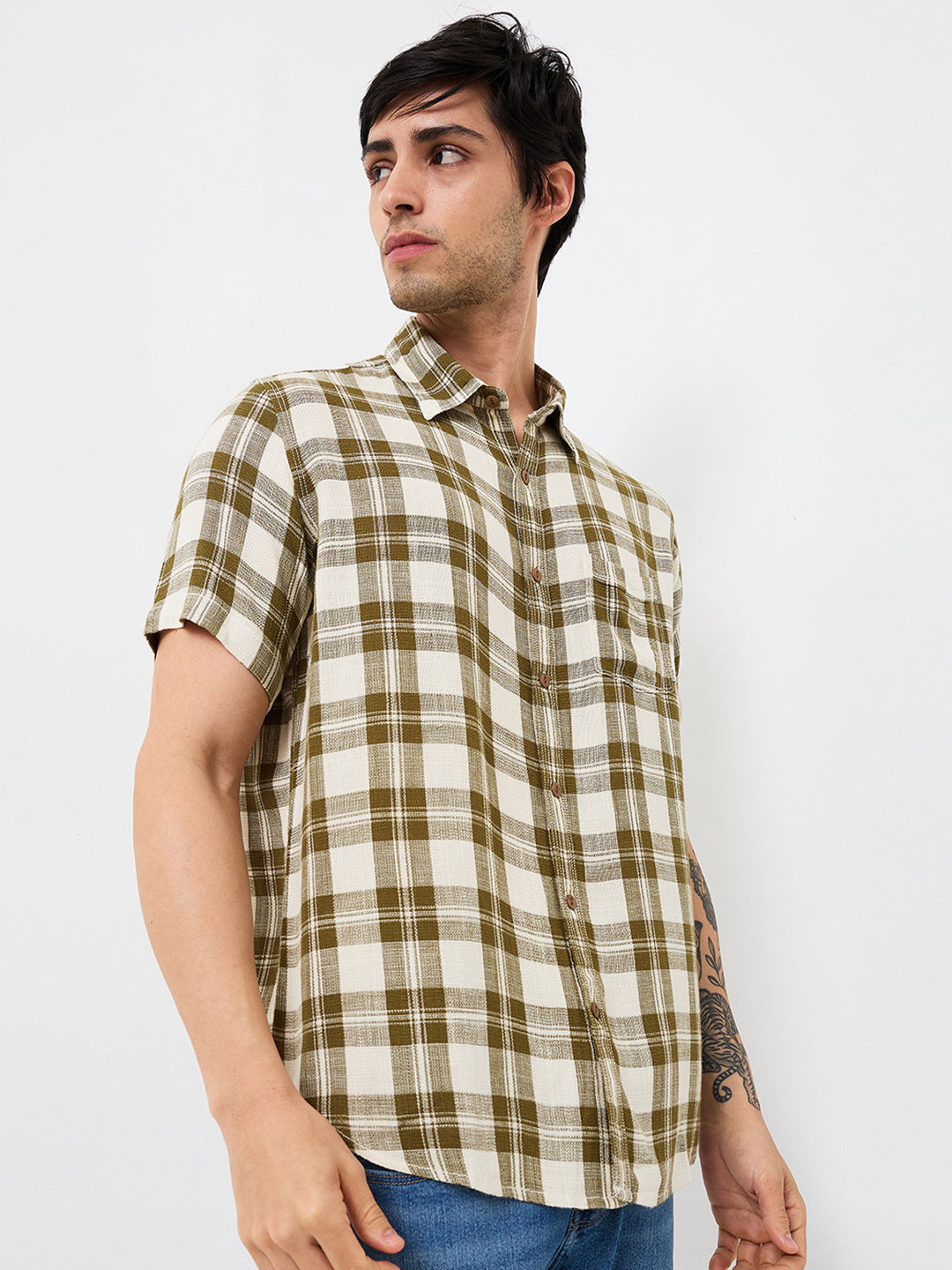 Spykar Green Slim Fit Checkered Half Sleeve Shirt For Men