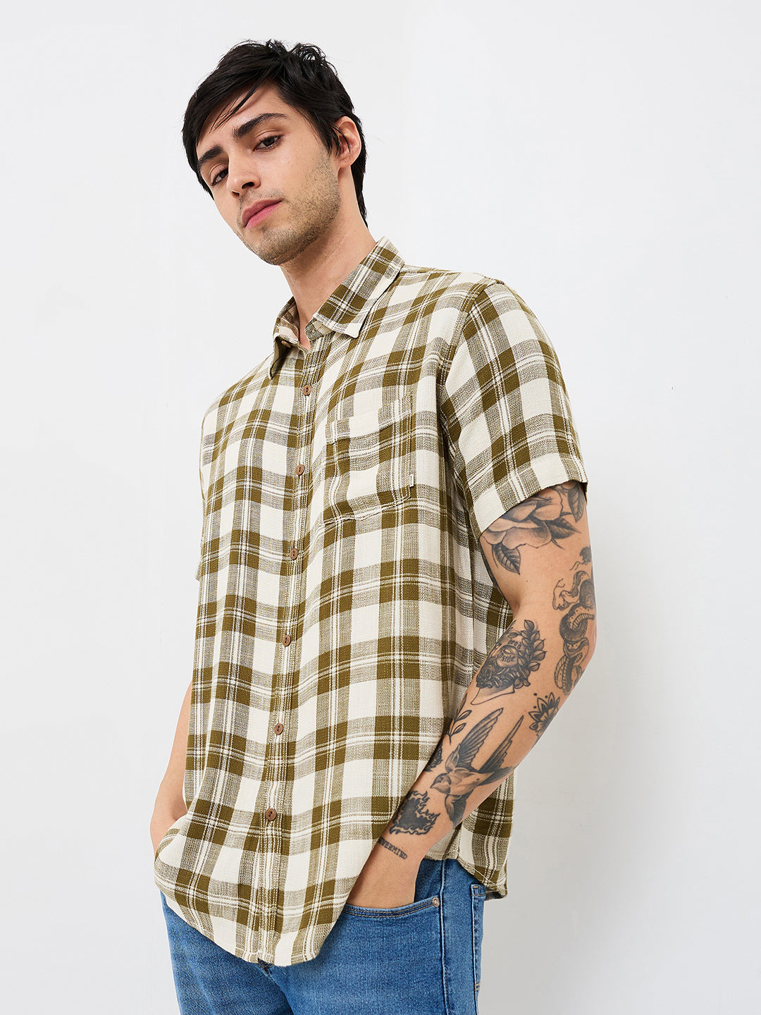 Spykar Green Slim Fit Checkered Half Sleeve Shirt For Men