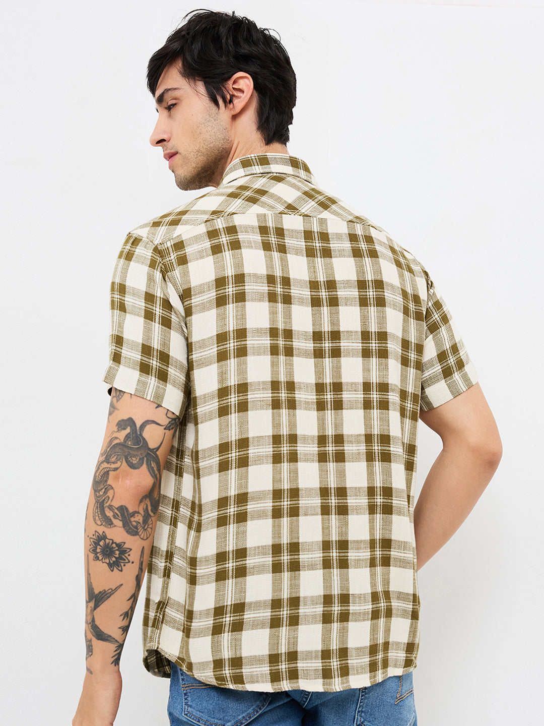 Spykar Green Slim Fit Checkered Half Sleeve Shirt For Men