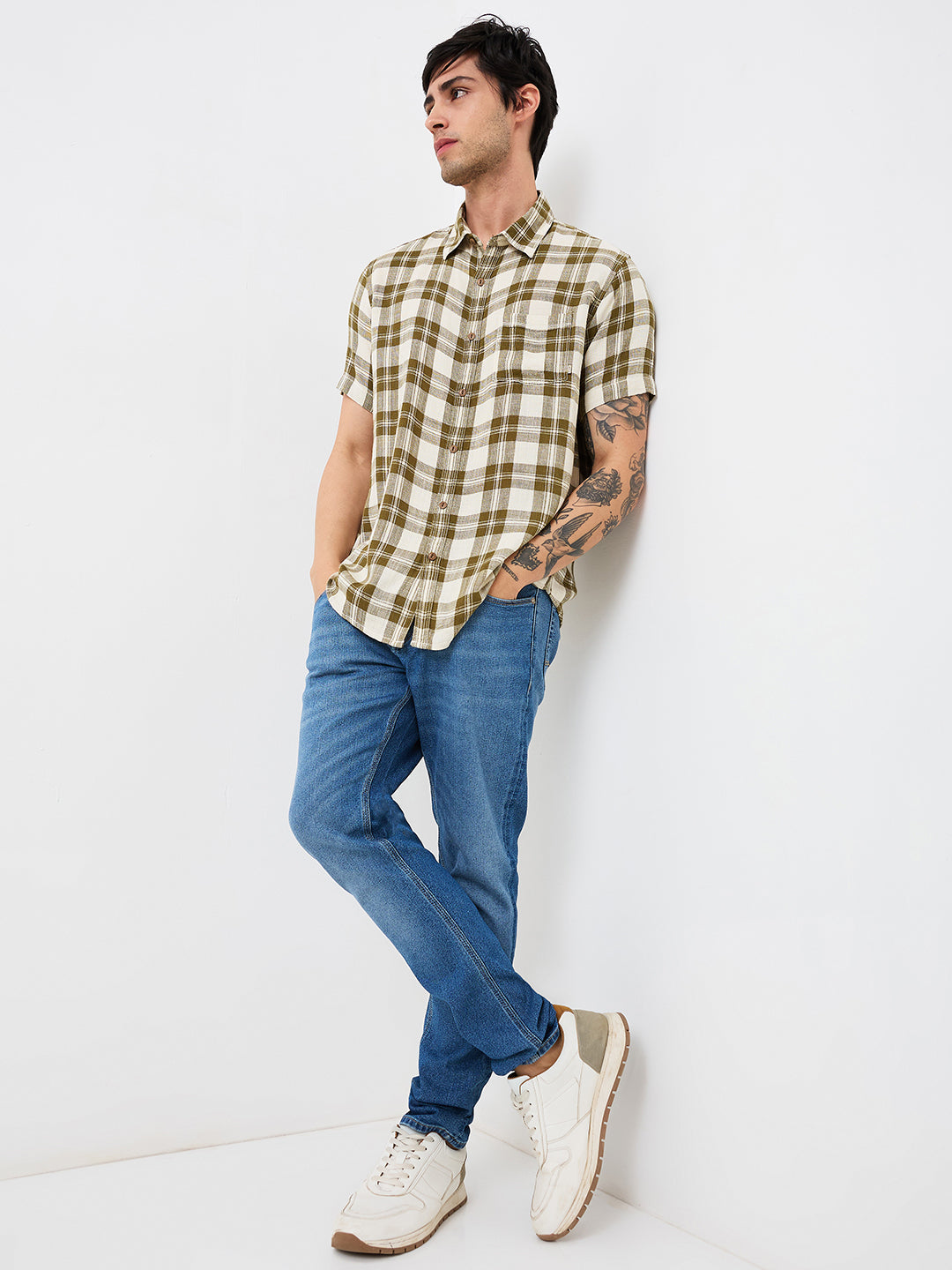 Spykar Green Slim Fit Checkered Half Sleeve Shirt For Men