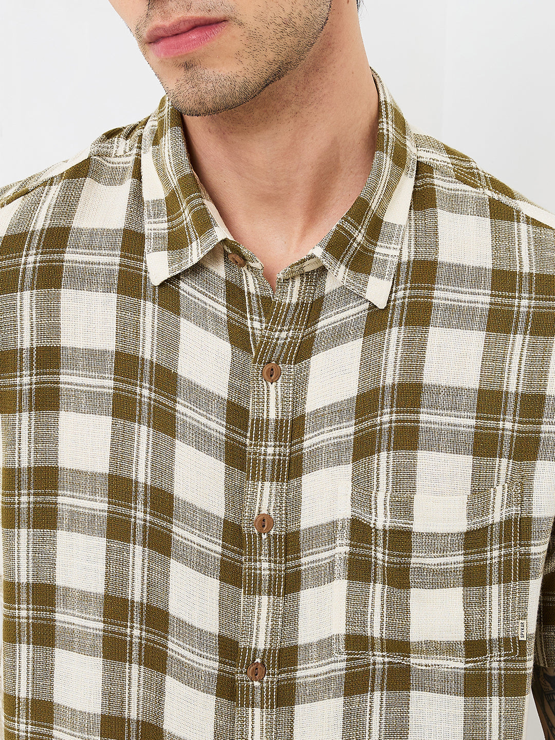 Spykar Green Slim Fit Checkered Half Sleeve Shirt For Men