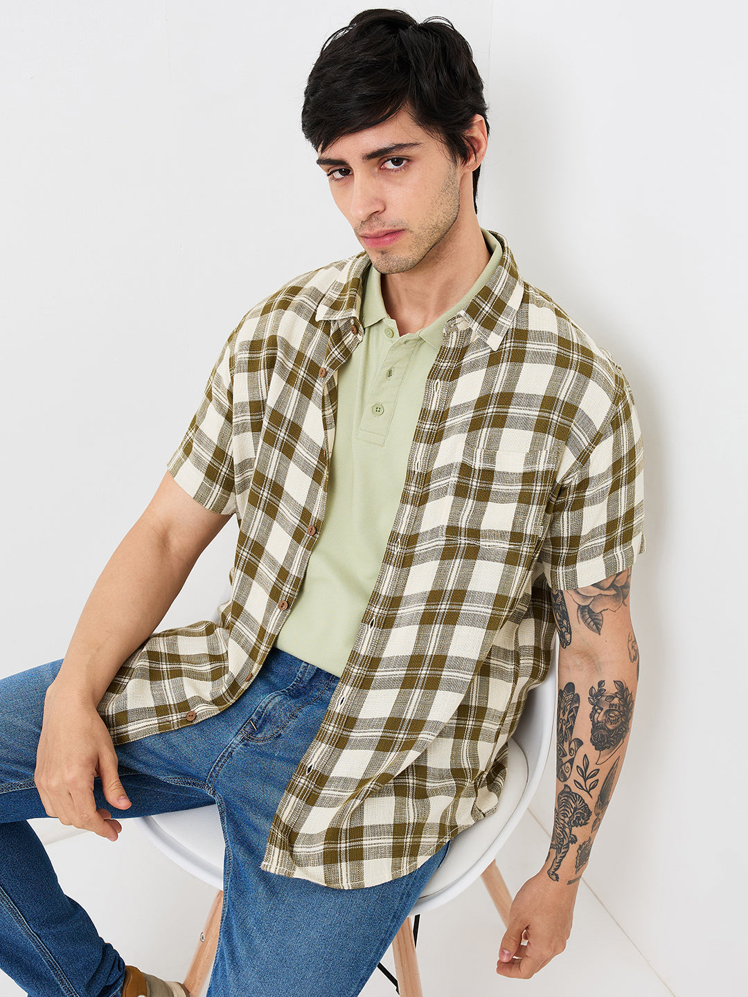 Spykar Green Slim Fit Checkered Half Sleeve Shirt For Men