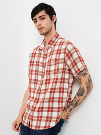 Men Shirt Check Brown Slim Fit