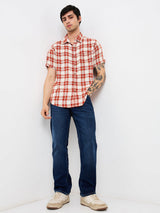 Men Shirt Check Brown Slim Fit