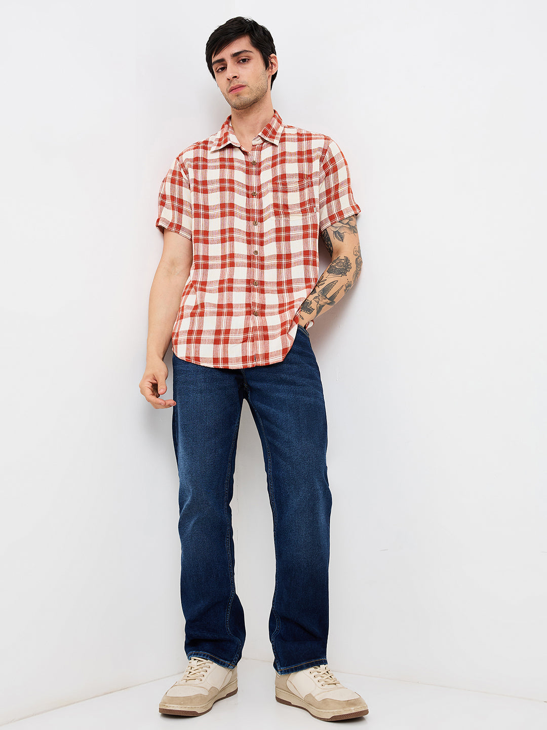 Men Shirt Check Brown Slim Fit