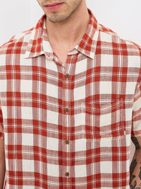 Men Shirt Check Brown Slim Fit