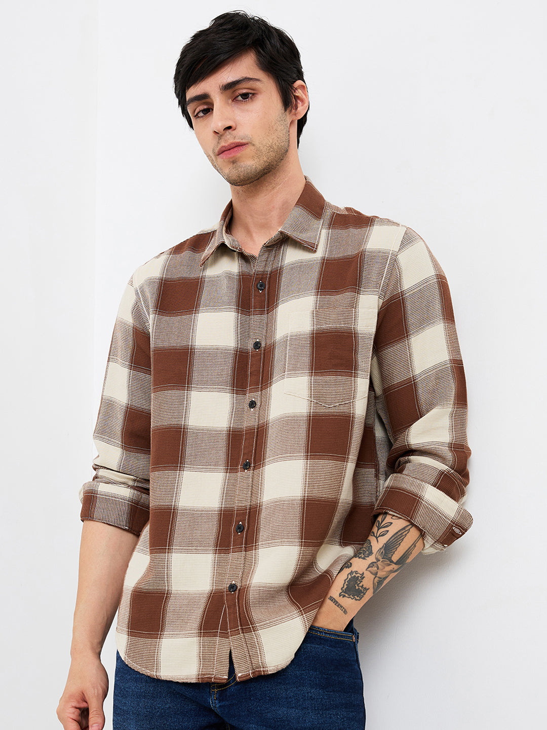 Spykar Brown Slim Fit Checkered Full Sleeve Shirt For Men