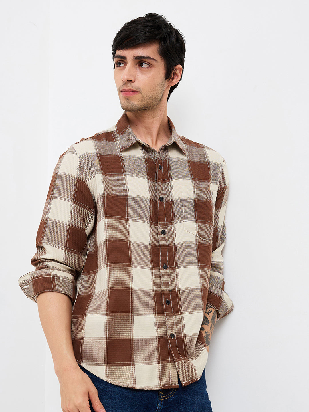 Spykar Brown Slim Fit Checkered Full Sleeve Shirt For Men