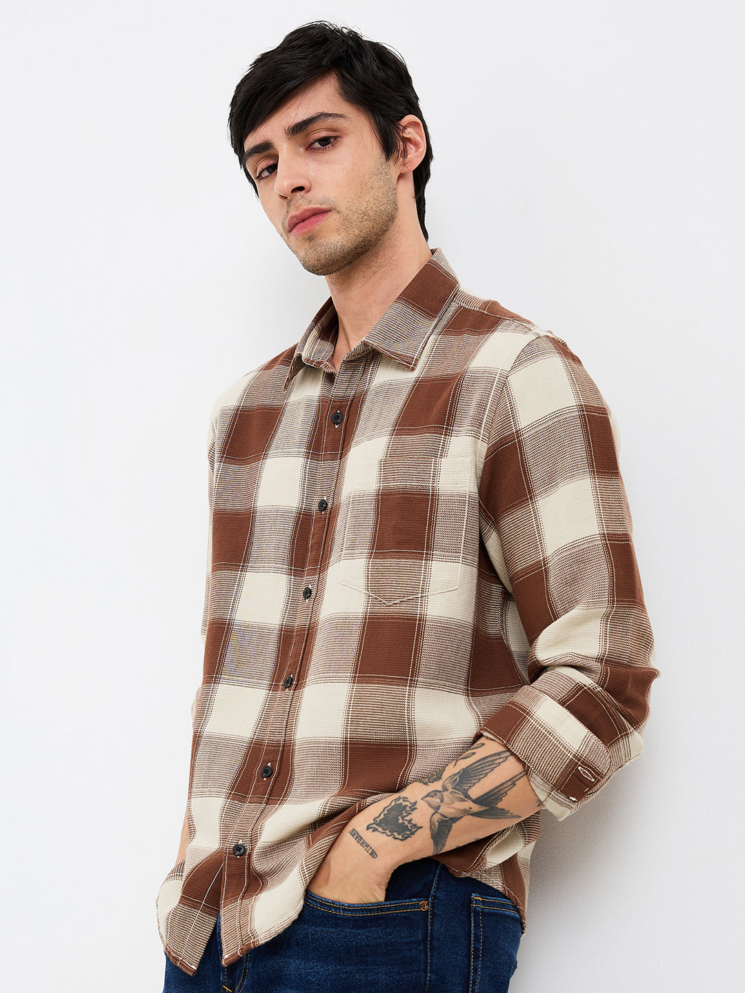 Spykar Brown Slim Fit Checkered Full Sleeve Shirt For Men