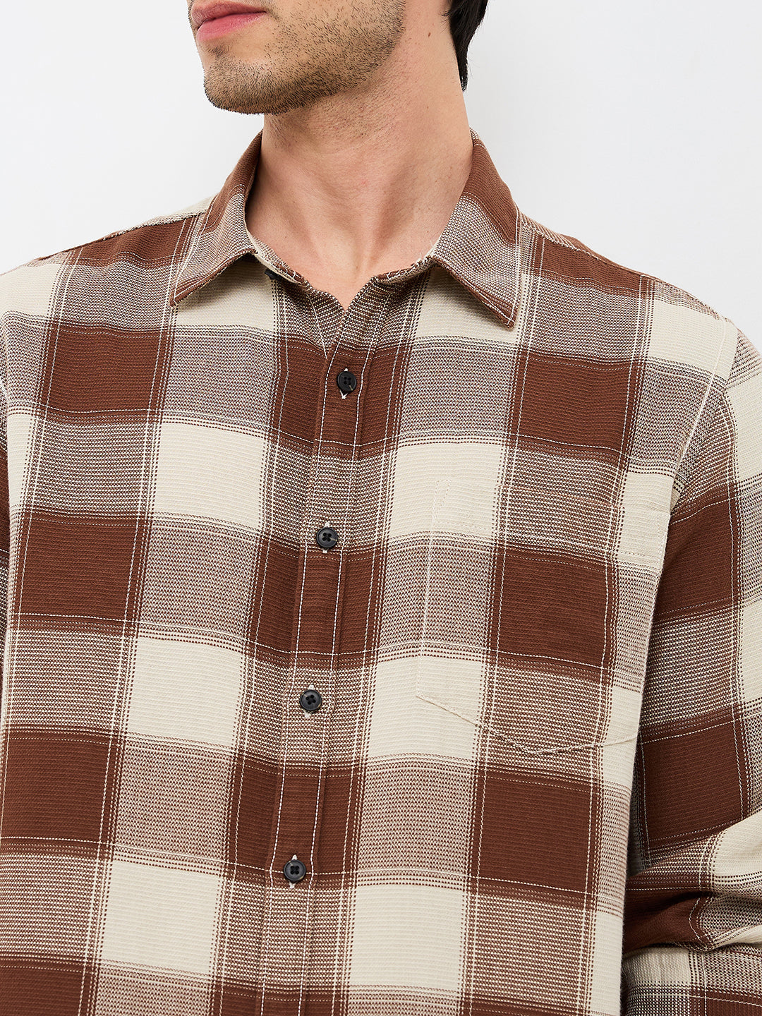 Spykar Brown Slim Fit Checkered Full Sleeve Shirt For Men