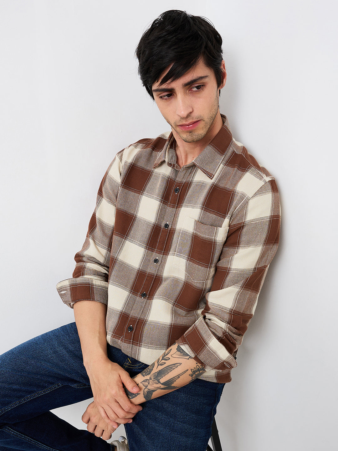 Spykar Brown Slim Fit Checkered Full Sleeve Shirt For Men