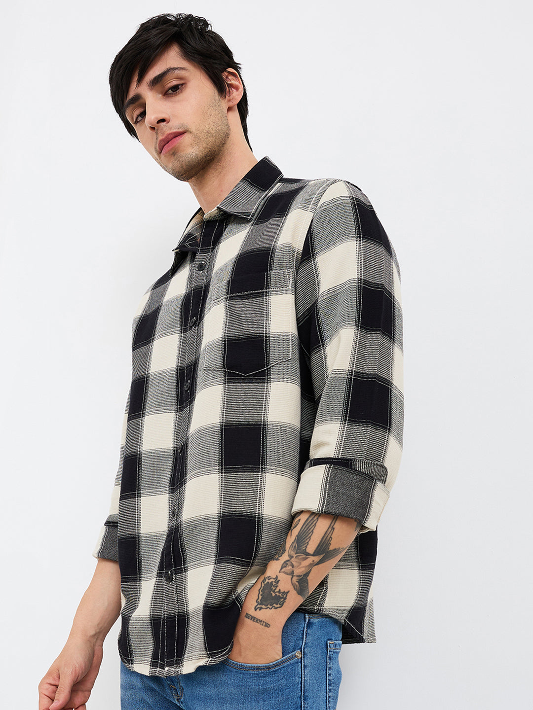 Spykar Black Slim Fit Checkered Full Sleeve Shirt For Men