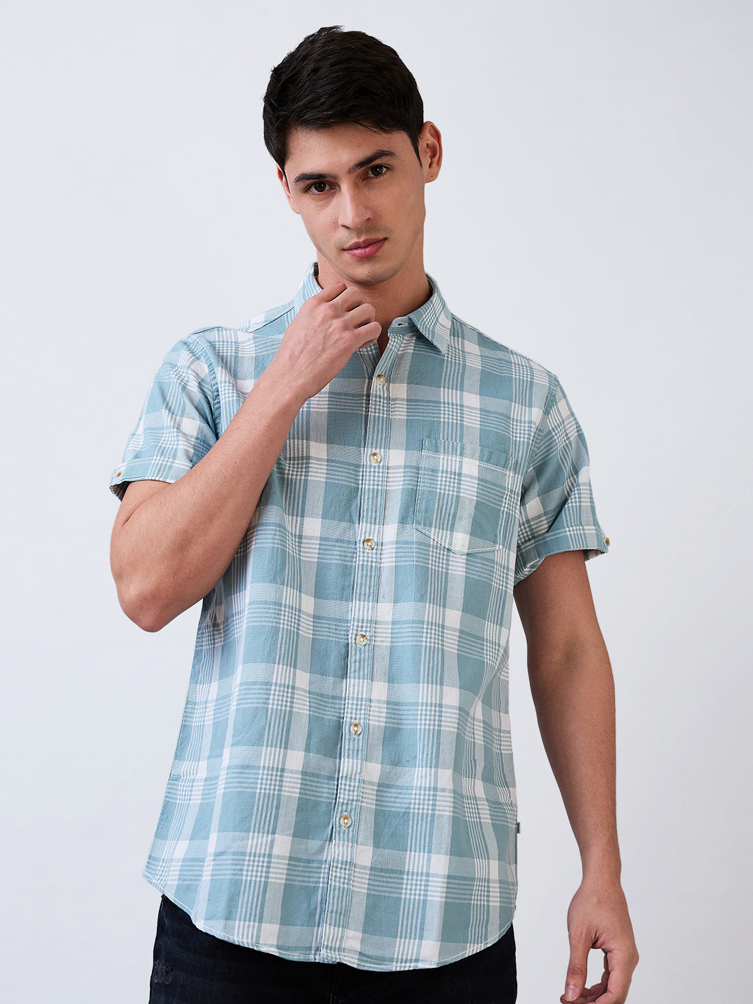 Spykar Blue Slim Fit Checkered Half Sleeve Shirt For Men