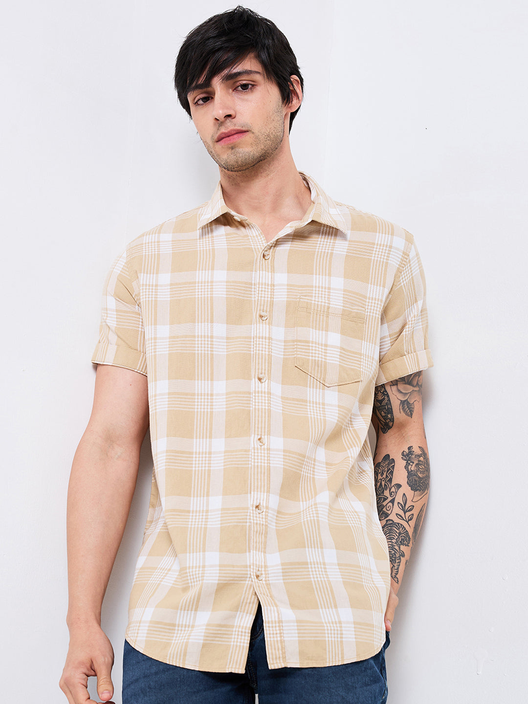 Spykar Beige Slim Fit Checkered Half Sleeve Shirt For Men