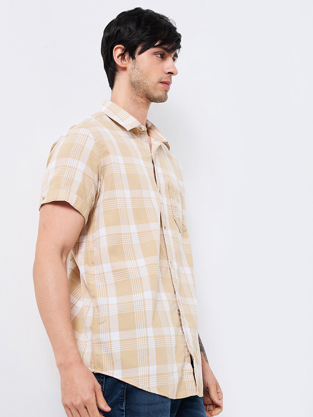 Spykar Beige Slim Fit Checkered Half Sleeve Shirt For Men