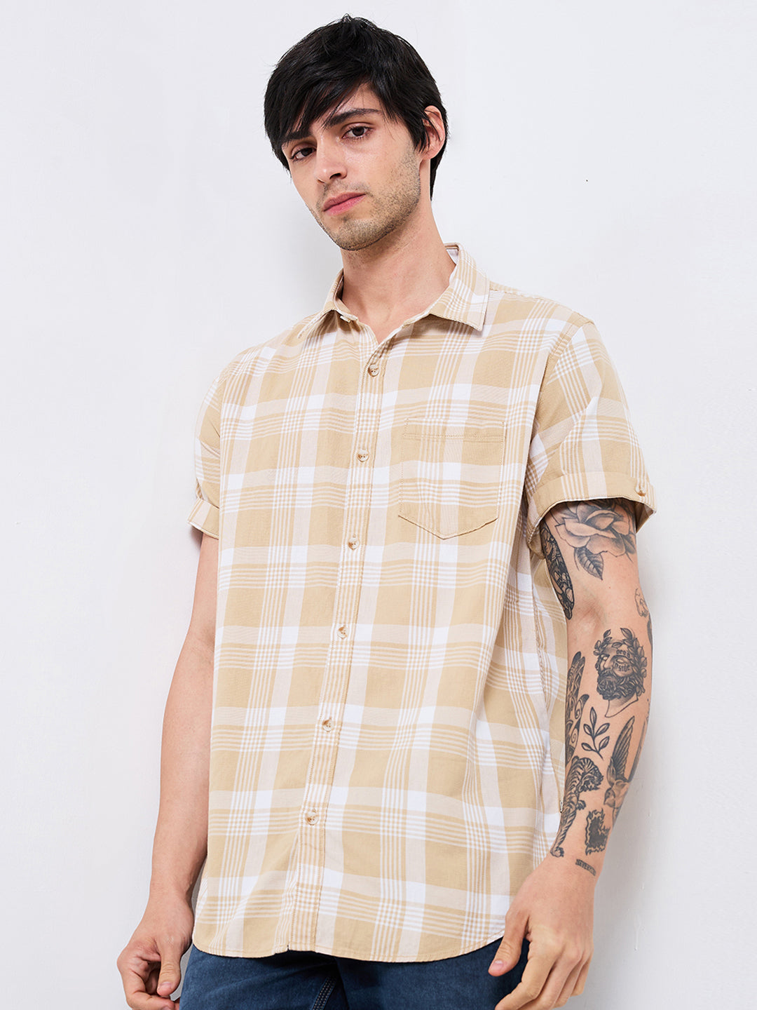 Spykar Beige Slim Fit Checkered Half Sleeve Shirt For Men