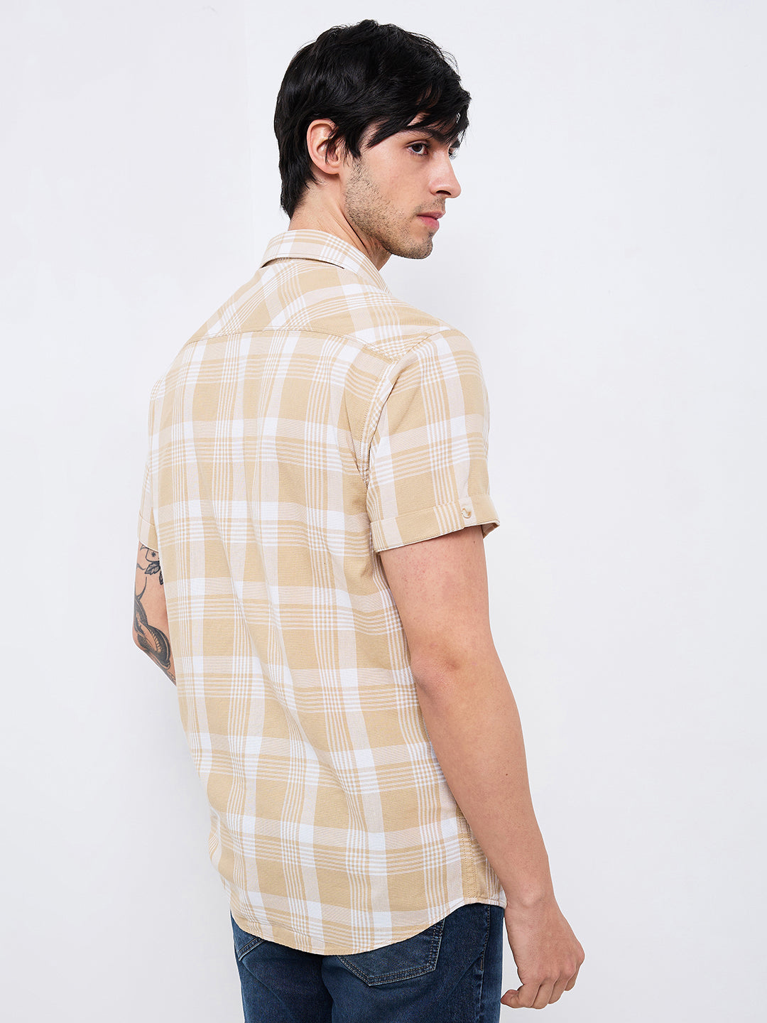 Spykar Beige Slim Fit Checkered Half Sleeve Shirt For Men