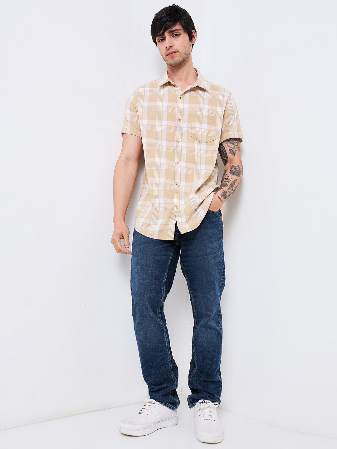 Spykar Beige Slim Fit Checkered Half Sleeve Shirt For Men