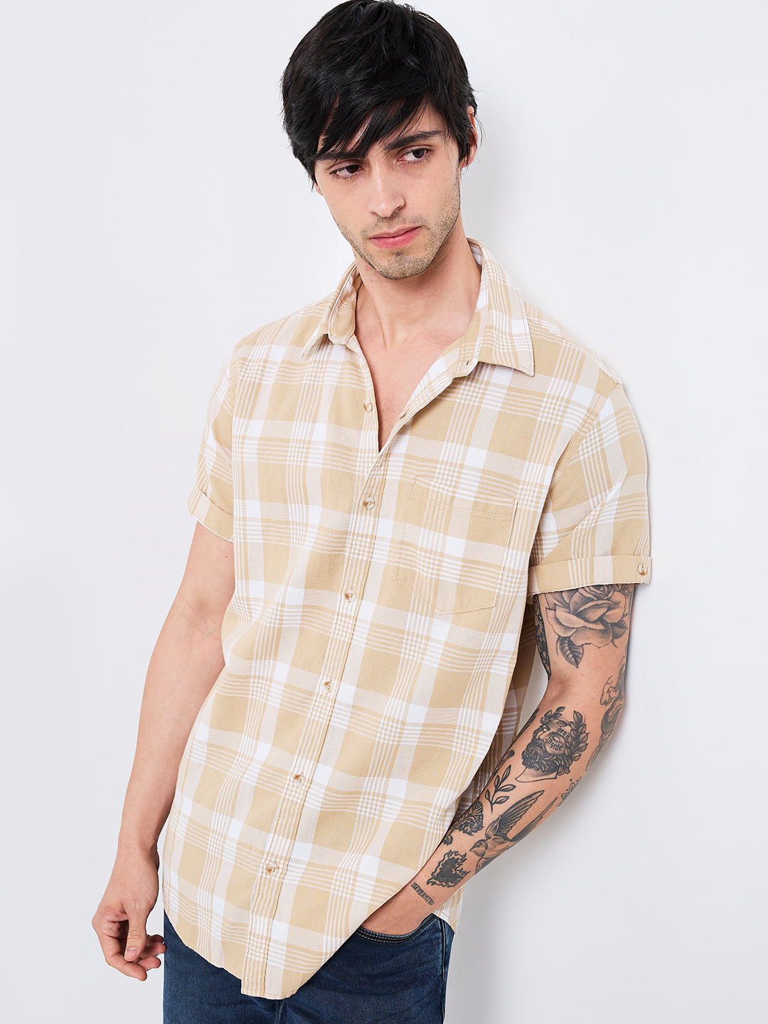 Spykar Beige Slim Fit Checkered Half Sleeve Shirt For Men